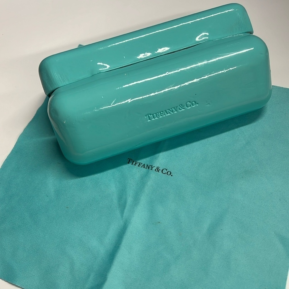Tiffany & Co Patent Teal Hard Clamshell Eyeglasses w Case Silk Cleaning Cloth